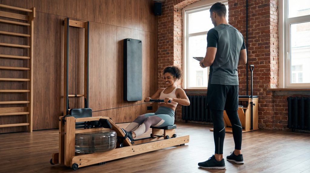 Femme sur le rameur pendant une séance de coaching au Fitness Loft 78