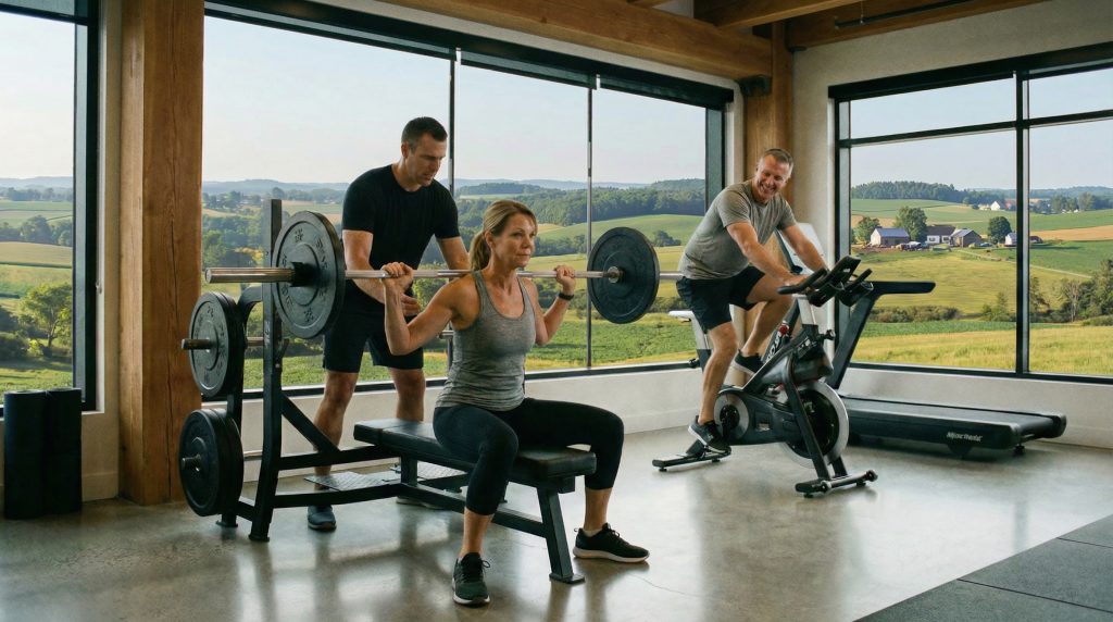 Femme en squat et coach sur vélo pendant une séance au Fitness Loft 78
