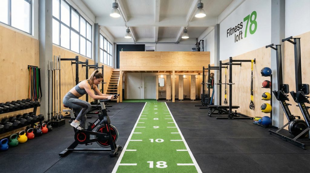 Femme sur vélo d'appartement dans le studio Fitness Loft 78
