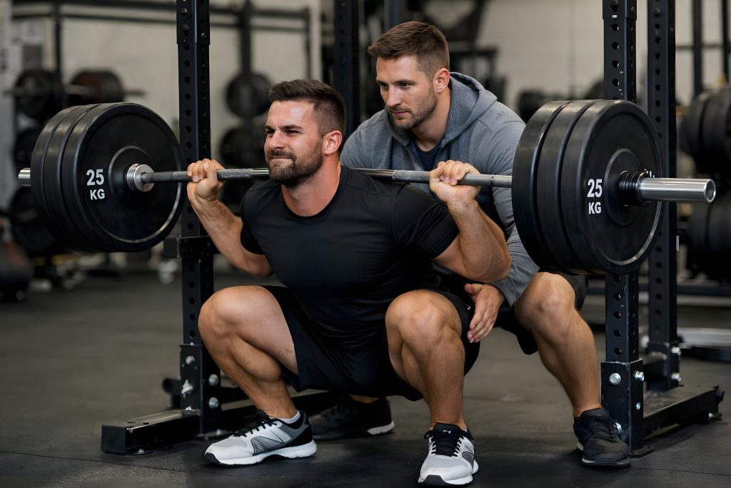 Homme en squat guidé par son coach au Fitness Loft 78