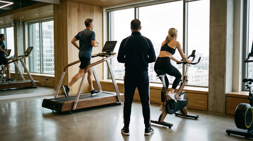 Homme courant et coach à vélo pendant une séance au Fitness Loft 78