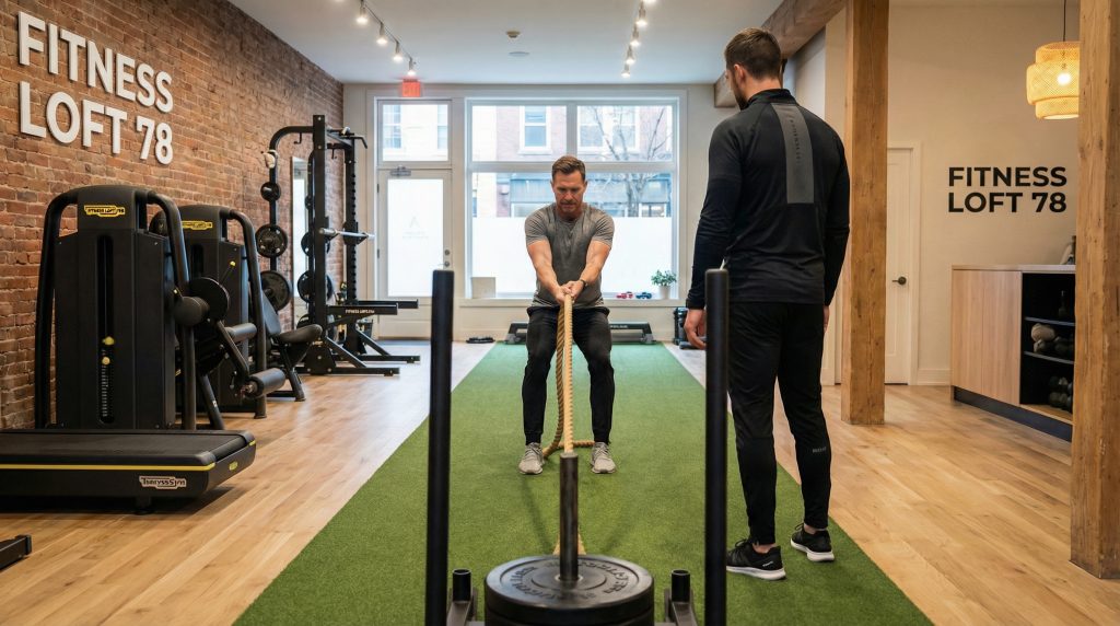 Homme tirant un traîneau de musculation (sled pull) au Fitness Loft 78