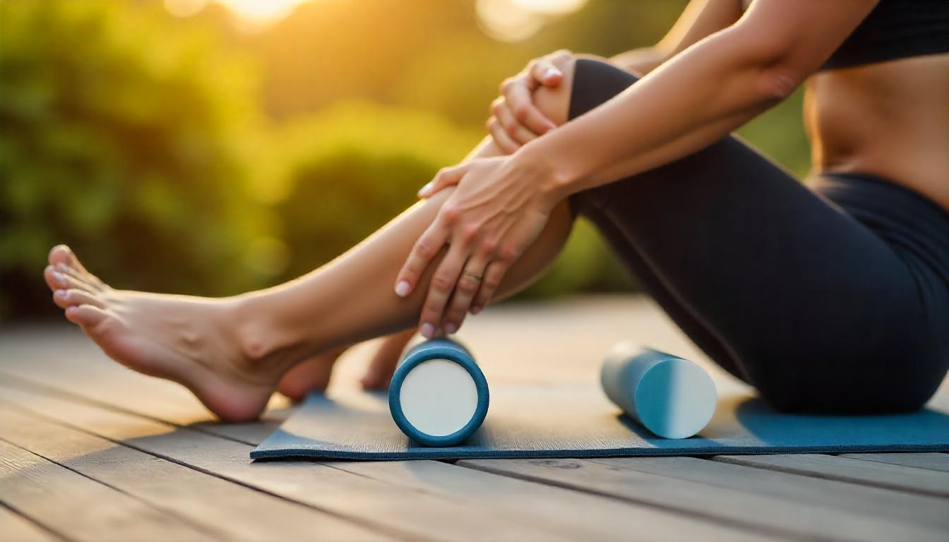 Récupération musculaire avec un rouleau de massage en extérieur, été