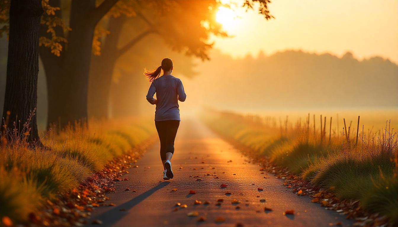 Coureuse sur un chemin de campagne couvert de feuilles mortes au lever du soleil, automne